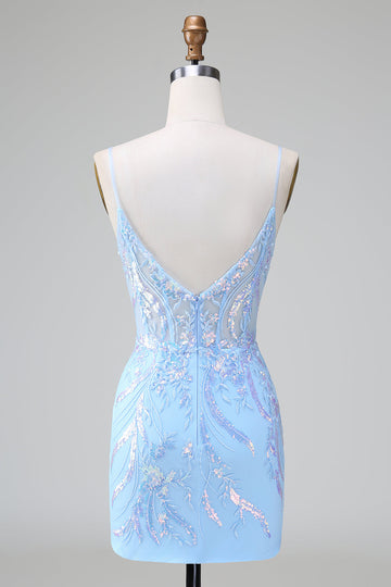 Vestido de cóctel corto con espalda abierta y corsé de lentejuelas azul con bordado